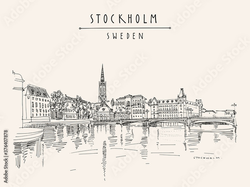 Vector Stockholm postcard. Panorama of Stockholm, Sweden, Scandinavia, Europe. Gamla Stan (Old town) travel sketch. Vintage touristic postcard, poster or book illustration in vector