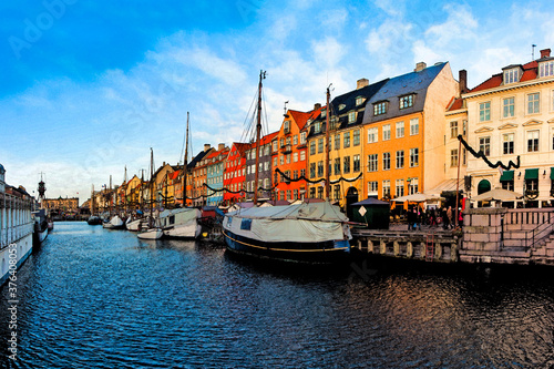 Panoramic view of the Nyhavn city during the Christmas holidays (Europe - Denmark) - Art toned image with watercolor effect