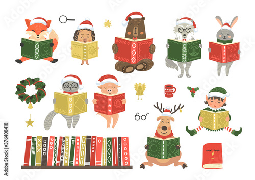 Christmas cute animals read books. Xmas story time. Set from elf, cat, hare, fox, rabbit, pig, bear, wolf, pig, hedgehog and deer. Children's illustration for educational winter holiday event.