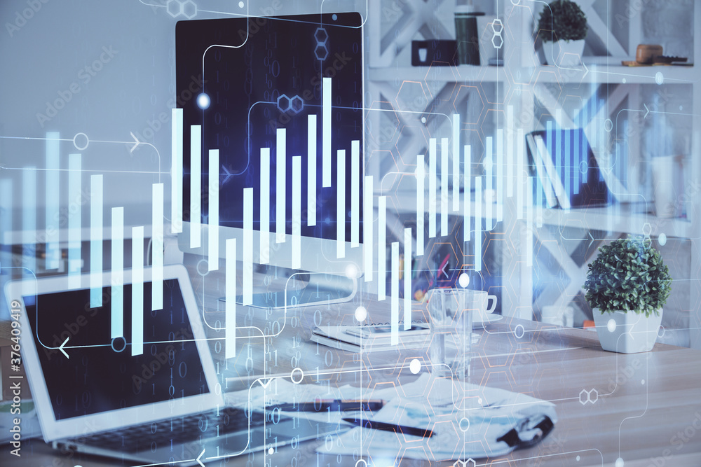 Stock market graph and table with computer background. Multi exposure. Concept of financial analysis. Stock market graph and table with computer background. Multi exposure. Concept of financial analysis.