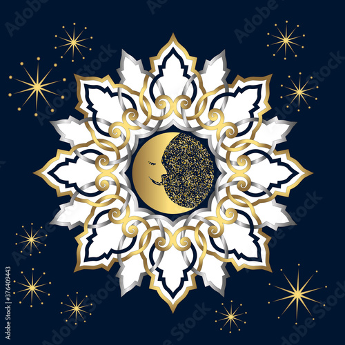 Image artistique et poétique d’un clair de lune au centre d’une rosace inspiré de motif russe - couleur bleu nuit, or et argent.