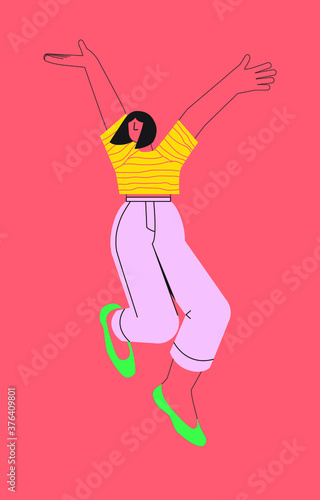 Happy jumping woman, girl in a t-shirt, jeans, shoes on pink background. Beautiful cheerful person. Young female character. Flat cartoon style in bright colors. People positive emotions concept. © Tetiana