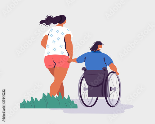 Vector cartoon illustration of Disabled handicapped woman. Young happy Disabled person in wheelchair and her friend. Equal opportunities concept.  Happy disability people concept. Modern vector flat