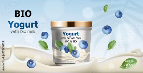 Container surrounded by flowing yogurt, blueberries and leaves falling from air. Natural bio milk. With place for text