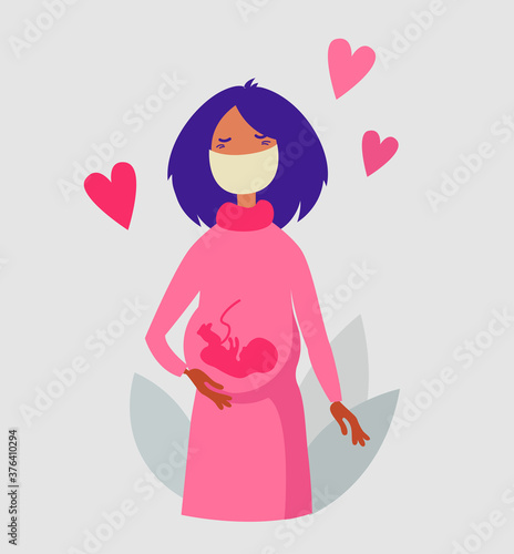 A poster with a beautiful young pregnant woman in a mask. 
Protection from the virus CORVID-19. Tender mood pregnancy vector illustration. 
Happy mother is expecting a baby. 