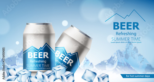 Two cans with refreshing beer submerged in ice cubes. Snowy mountains in background. For hot summer days. Realistic