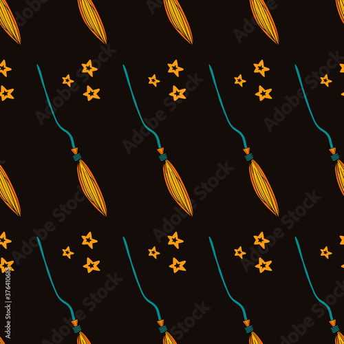 Witch broom vector seamless pattern. Witchy background for halloween design. Magic school concept. EPS 8.