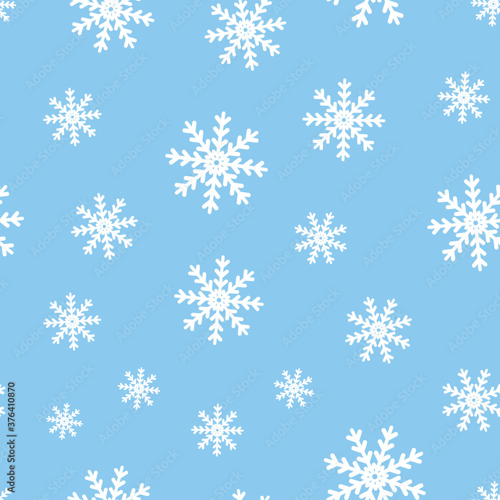 White snowflakes on a blue background. Seamless vector repeat pattern. Great for holidays, christmas, home decor, wrapping, fashion, scrapbooking, wallpaper, gift, kids, apparel. White snowflakes on a blue background. Seamless vector repeat pattern. Great for holidays, christmas, home decor, wrapping, fashion, scrapbooking, wallpaper, gift, kids, apparel.