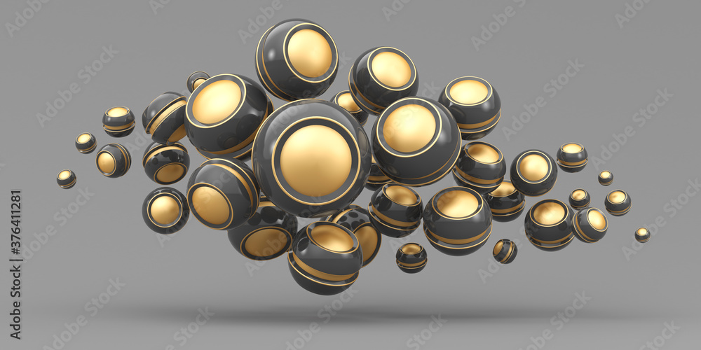 Illustration for advertising. Many flying gold striped balls on a dark background. 3d render illustration. Illustration for advertising. Many flying gold striped balls on a dark background. 3d render illustration.