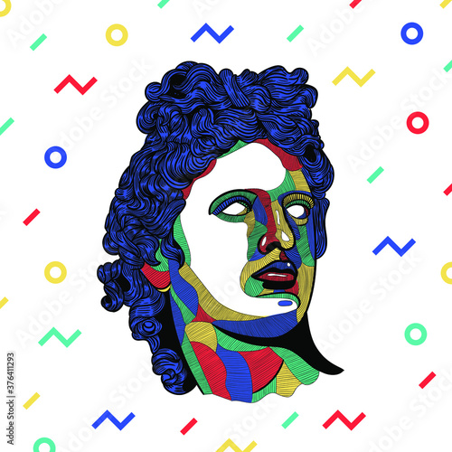 Classical Sculpture. Apollon. Vector illustration hand drawn. Mosaic RGB style