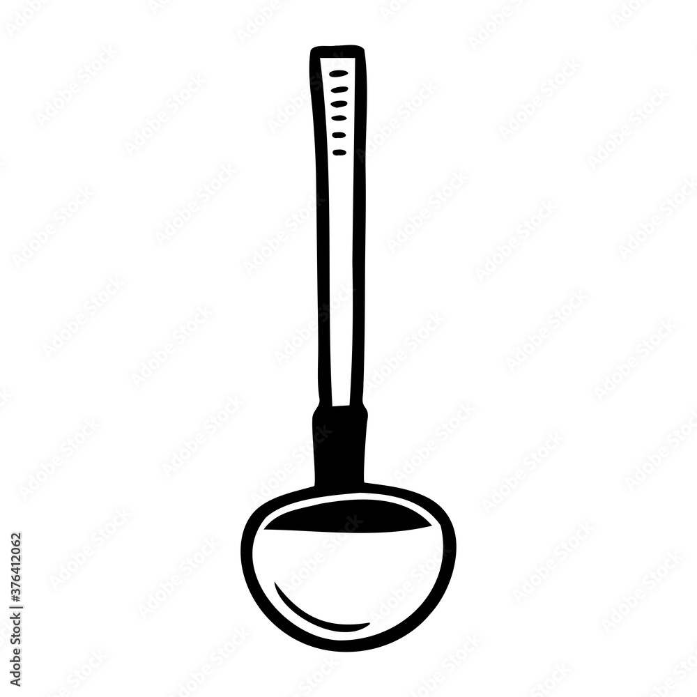 Hand drawn soup ladle on a white isolated background. Elements of kitchen utensils. Doodle, simple outline illustration. It can be used for decoration of textile, paper and other surfaces. Hand drawn soup ladle on a white isolated background. Elements of kitchen utensils. Doodle, simple outline illustration. It can be used for decoration of textile, paper and other surfaces.