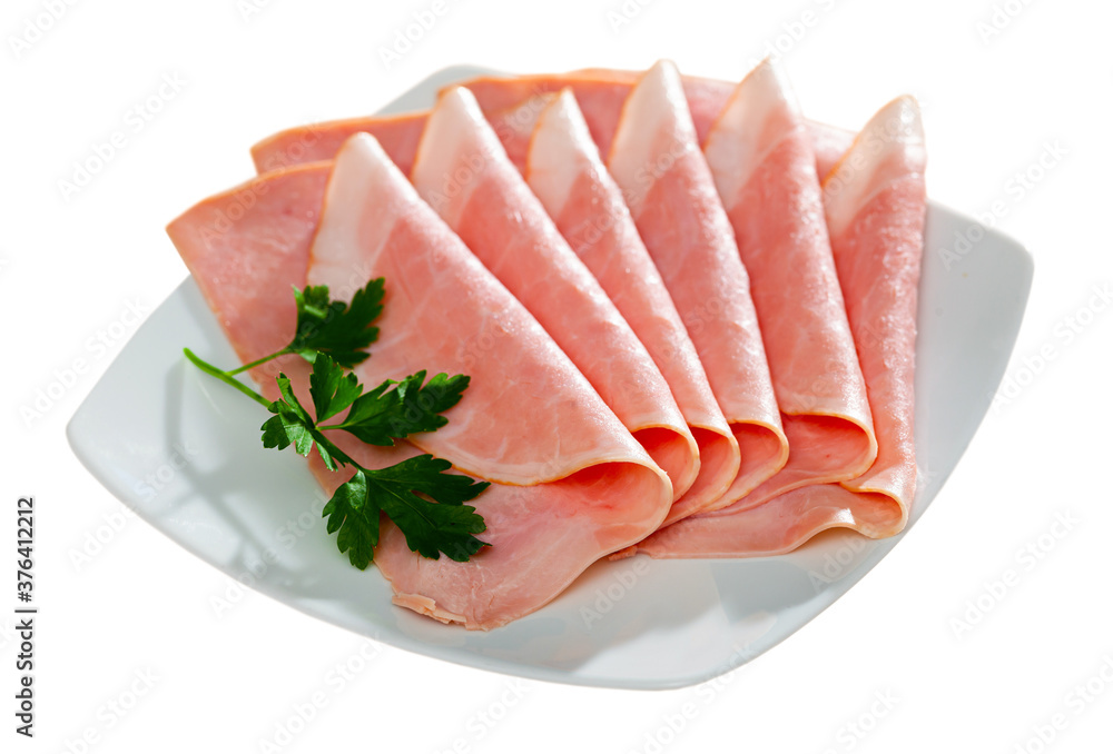 Image of tasty spanish meal sliced ham, nobody. Isolated over white background