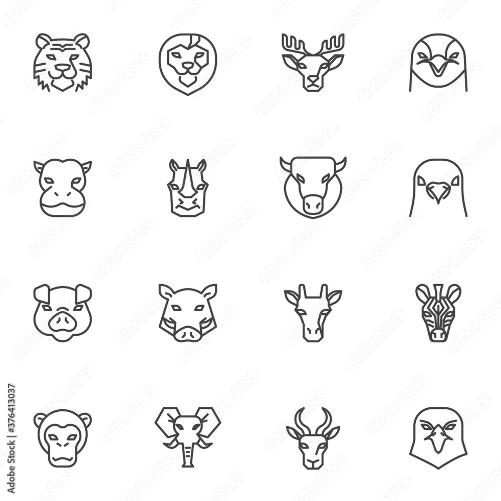 Animal face line icons set, animal head front view outline vector