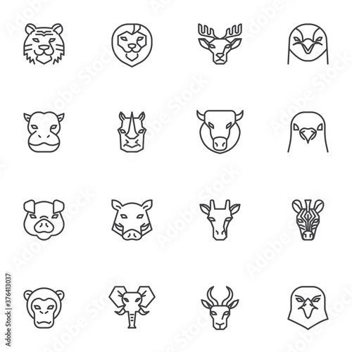 Animal face line icons set, animal head front view outline vector symbol collection, linear style pictogram pack. Signs, logo illustration. Set includes icons as tiger, elephant, monkey, giraffe