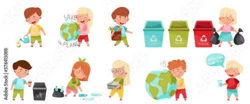 Kid Characters Gathering Plastic Bottles, Sorting Trash and Planting Vector Set
