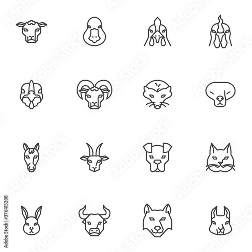 Animal head front view line icons set, outline vector symbol collection, animal face linear style pictogram pack. Signs, logo illustration. Set includes icons as duck bird, chicken, cat, dog, rabbit
