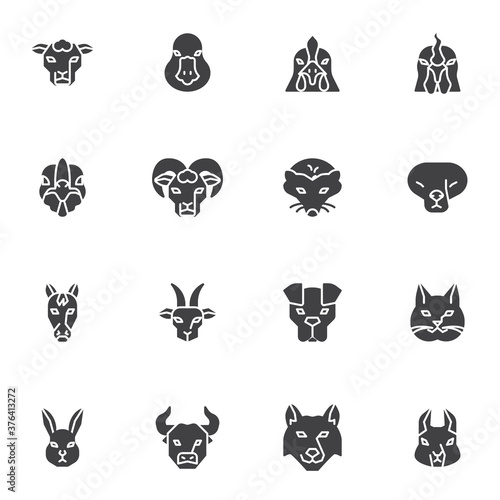 Animal head front view vector icons set, modern solid symbol collection, animal face filled style pictogram pack. Signs, logo illustration. Set includes icons as duck bird, chicken, cat, dog, rabbit