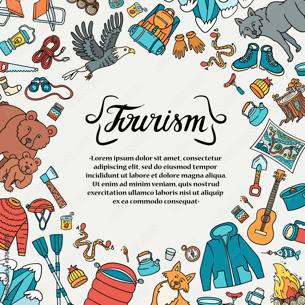 Obraz premium Vector poster with cartoon symbpols of tourism and travel. Colorful frame for use in design