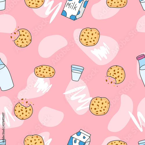 seamless pattern with milk bottle and sweet tasty biscuit cookies with chocolate
pieces, editable vector illustration for food decoration, fabric, textile, paper