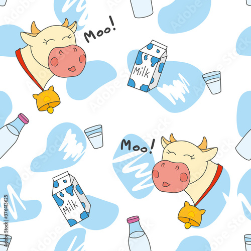 seamless pattern with milk bottle and happy cow on white background, editable vector illustration for food decoration, fabric, textile, paper