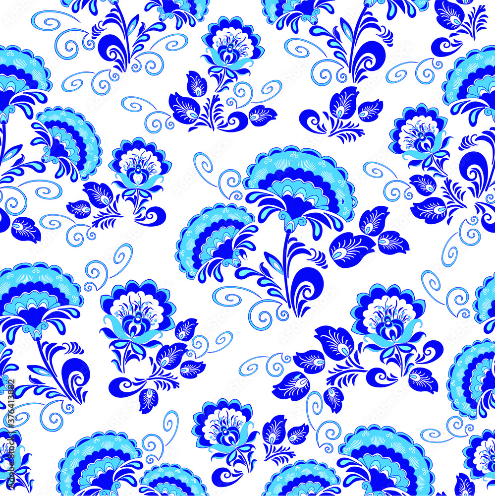 Blue floral ornament. Based on Russian folk decorative painting. Textile composition, template for design print, fabric, wallpaper and box.
