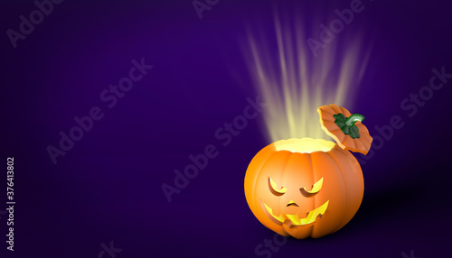 Hat off pumpkin with rays inside and an angry face. Halloween. Purple background. Copy space for text. 3d render photo