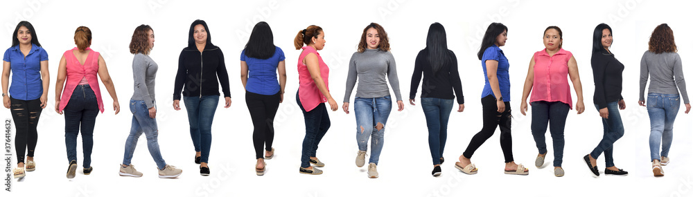 large group of latin american women walking on white background, front, side and back view large group of latin american women walking on white background, front, side and back view