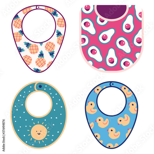 Baby bibs vector cartoon set isolated on a white background.