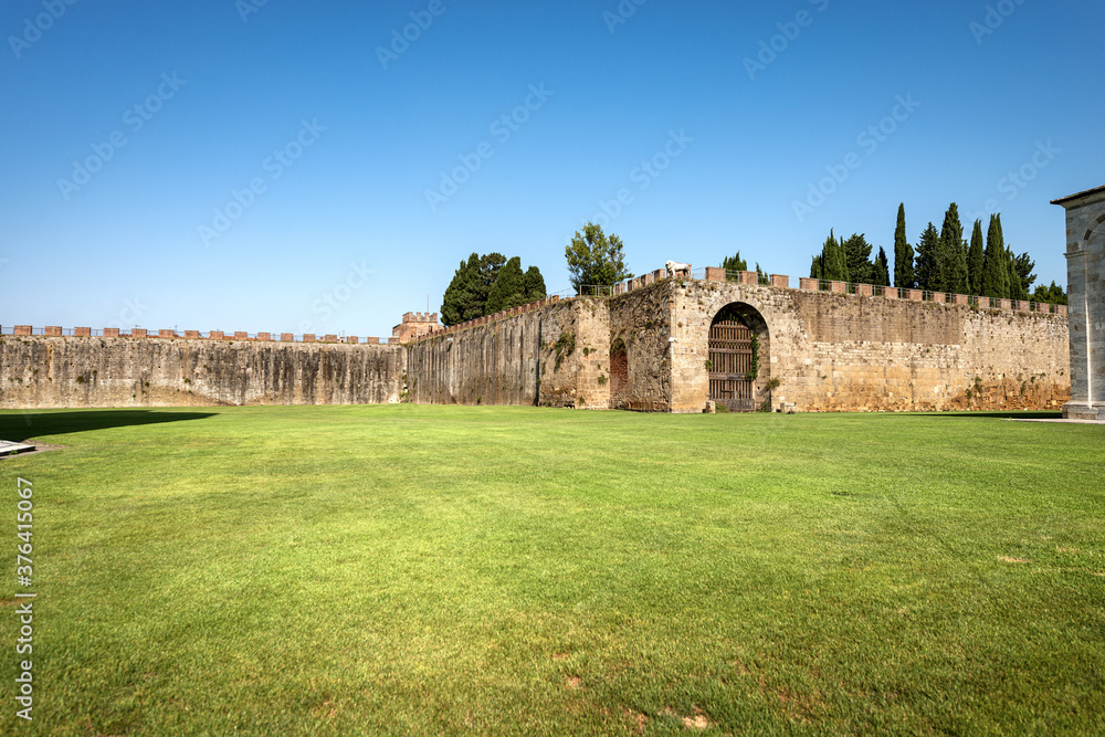 Medieval walls of the Pisa city (1155-1161), view from the Piazza dei Miracoli (Square of Miracles), Tuscany, Italy, Europe