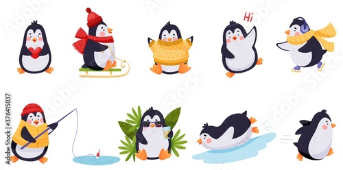 Cute Penguin Sledging, Fishing and Figure Skating Vector Illustration Set