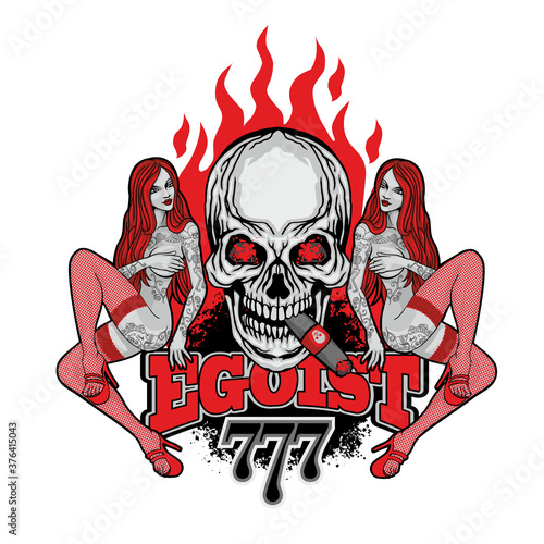 Gothic sign with skull and sexy tattooed girls, grunge vintage design t shirts