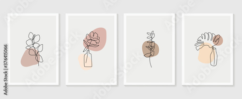 Botanical wall art vector set. Floral and Foliage line art drawing with  abstract shape.  Abstract Plant Art design for print, cover, wallpaper, Minimal and  natural wall art. Vector illustration.