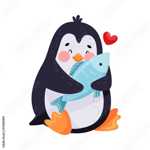 Cute Penguin Holding Fish with Its Wings Vector Illustration