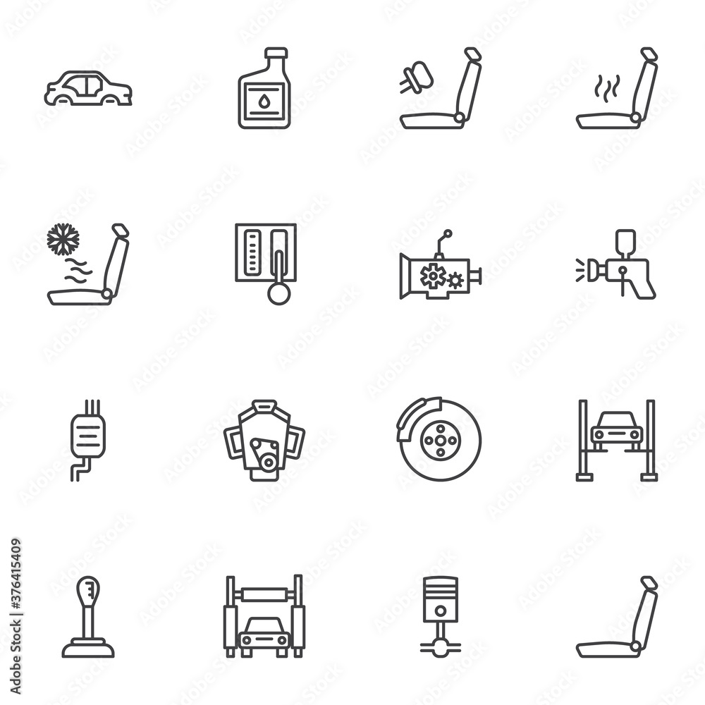 Car parts repair line icons set, outline vector symbol collection, linear style pictogram pack. Signs, logo illustration. Set includes icons as car body, engine motor, transmission gearbox, disc brake Car parts repair line icons set, outline vector symbol collection, linear style pictogram pack. Signs, logo illustration. Set includes icons as car body, engine motor, transmission gearbox, disc brake