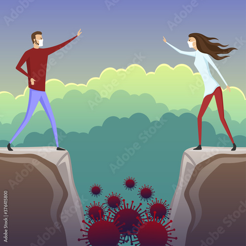 A chasm with viruses separates a young couple in protective masks.