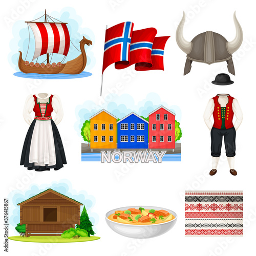 Norway Attributes with Flag on Pole and Colorful Houses Vector Set