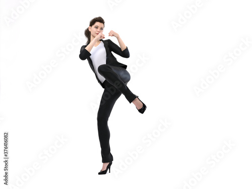 3D Render : a business woman is ready to kick in action