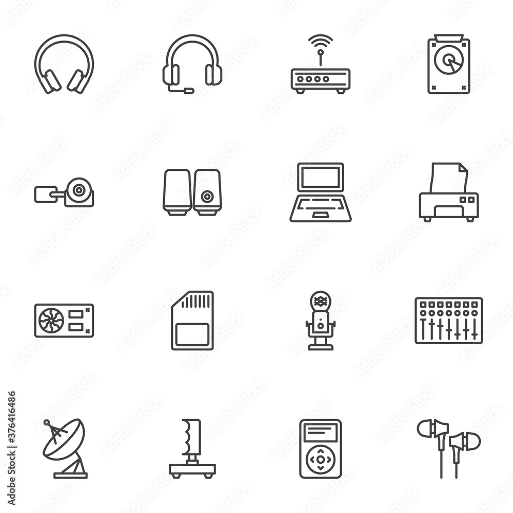 Electronic gadget line icons set, outline vector symbol collection, linear style pictogram pack. Signs logo illustration. Set includes icons as gaming headset, laptop computer, wifi router, microphone Electronic gadget line icons set, outline vector symbol collection, linear style pictogram pack. Signs logo illustration. Set includes icons as gaming headset, laptop computer, wifi router, microphone