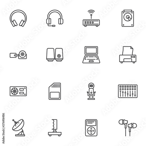 Electronic gadget line icons set, outline vector symbol collection, linear style pictogram pack. Signs logo illustration. Set includes icons as gaming headset, laptop computer, wifi router, microphone
