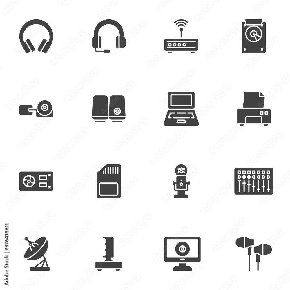 Electronic gadget vector icons set, modern solid symbol collection, filled style pictogram pack. Signs logo illustration. Set includes icons as gaming headset, laptop computer, wifi router, microphone Electronic gadget vector icons set, modern solid symbol collection, filled style pictogram pack. Signs logo illustration. Set includes icons as gaming headset, laptop computer, wifi router, microphone