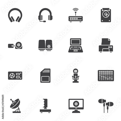 Electronic gadget vector icons set, modern solid symbol collection, filled style pictogram pack. Signs logo illustration. Set includes icons as gaming headset, laptop computer, wifi router, microphone