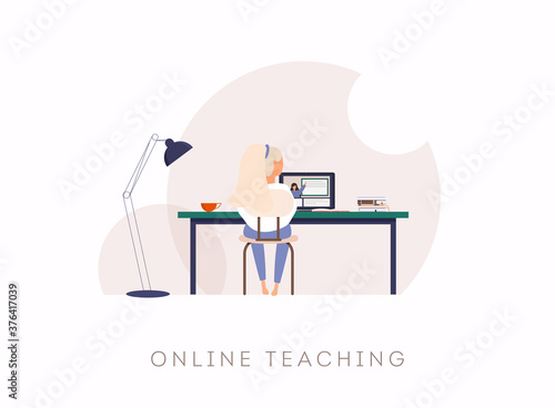 Young woman study at computer. Can use for web banner, infographics, hero images.