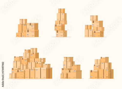 Set of pile of stacked sealed goods cardboard boxes. Carton delivery packaging.