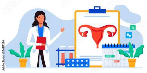 Gynecology, female health. Uterus, ovary and womb. Endometriosis, endometrium dysfunctionality, endometriosis concept. Doctor make uterus examination. For banner, web page. Birth control pills.