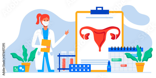 Gynecology, female health. Uterus, ovary and womb. Endometriosis, endometrium dysfunctionality, endometriosis concept. Doctor make uterus examination. For banner, web page. Birth control pills.