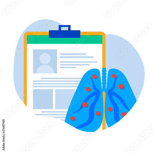 Virus cells in Infected lungs. Coronavirus, COVID-19. Disease, pneumonia, asthma, cancer, tuberculosis. Human lungs with virus under microscope, magnifier. Lung inspection concept icon.