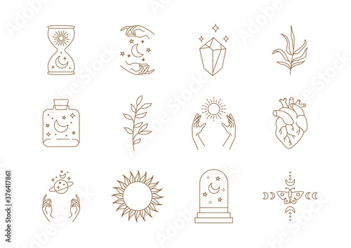 Boho doodle mystic set. Magic golden simple logo icons with hand crystal branches sun moon, minimal fine line tattoo. Abstract vector illustration