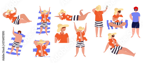 the character of a man with many poses in a beach dress and a casual hat. Man beach character set