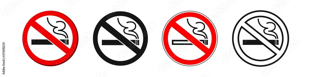 International no smoking sign. Smoking ban icons set, warning icons red and black on white background - vector illustration. International no smoking sign. Smoking ban icons set, warning icons red and black on white background - vector illustration.