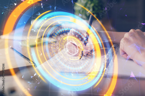 Wallpaper Mural Tech theme hologram over woman's hands taking notes background. Concept of hightech. Double exposure Torontodigital.ca